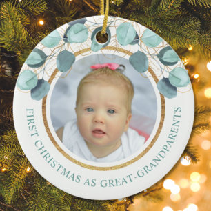 1st Christmas Great Grandparents Eucalyptus Photo Ceramic Ornament