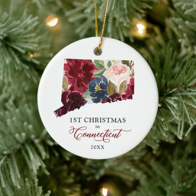 1st Christmas In Connecticut Personalised Floral Ceramic Ornament (Tree)