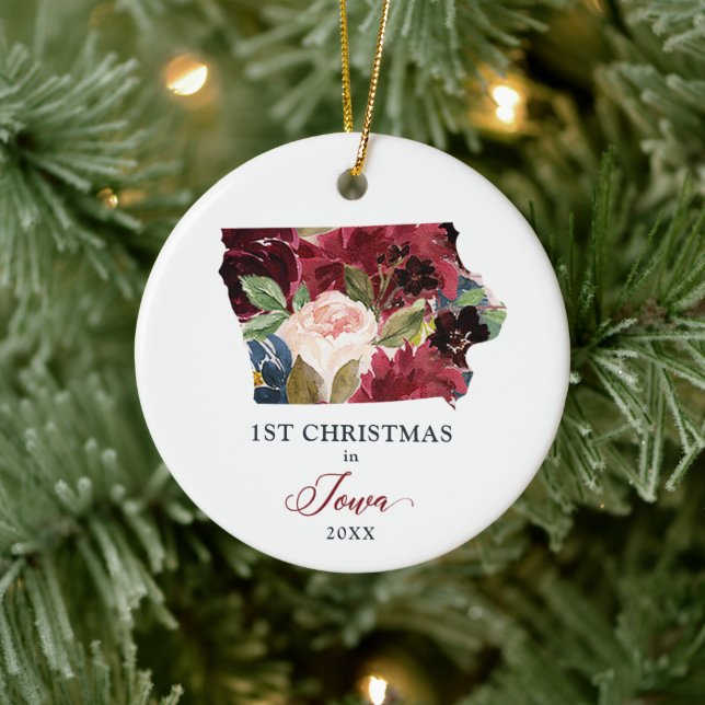 1st Christmas in Iowa Personalised Burgundy Floral Ceramic Ornament (Tree)
