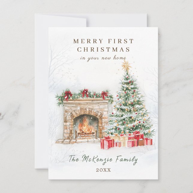 1st Christmas in New Home Tree Fire Place Holiday Card (Front)
