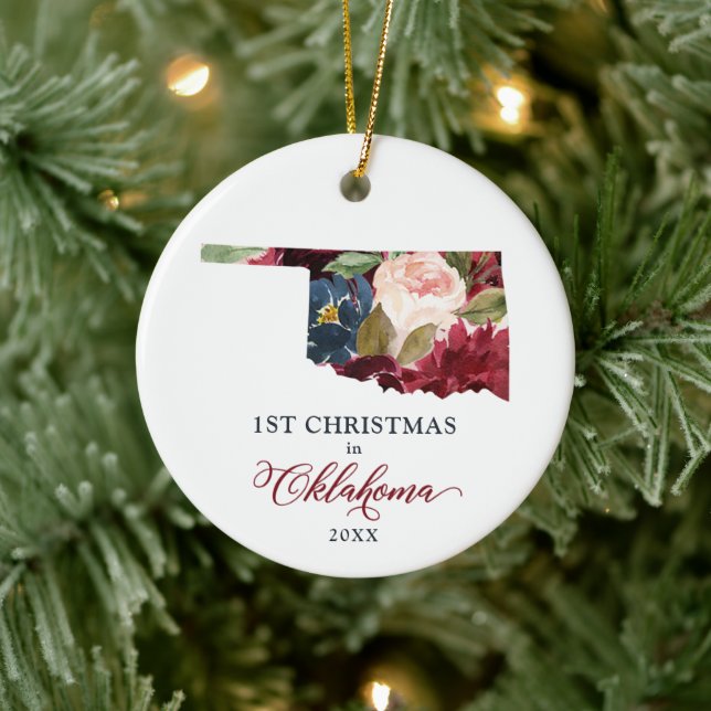 1st Christmas In Oklahoma OK Personalised Floral Ceramic Ornament (Tree)