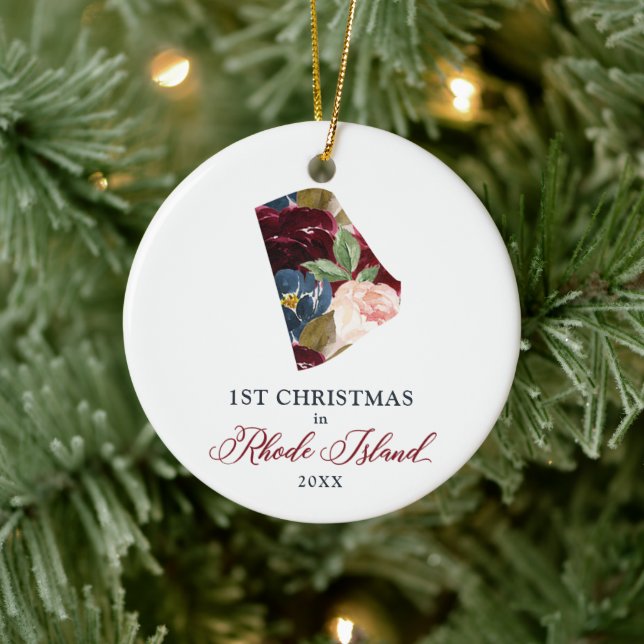 1st Christmas In Rhode Island Personalised State Ceramic Ornament (Tree)