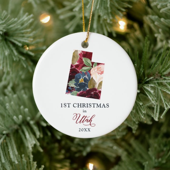 1st Christmas In Utah Personalised New Home Floral Ceramic Ornament (Tree)
