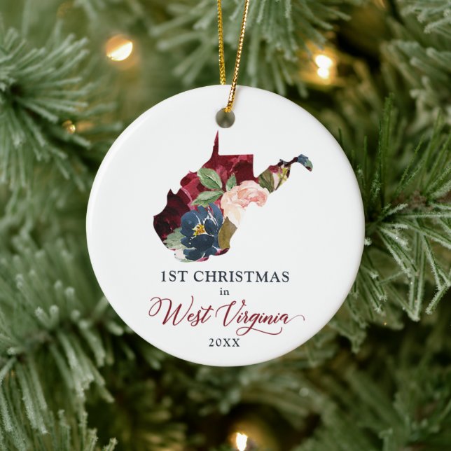 1st Christmas In West Virginia Personalised Floral Ceramic Ornament (Tree)