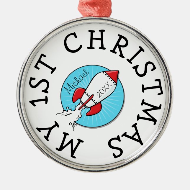 1st Christmas Kids Retro Rocketship Family Gift Metal Ornament (Front)
