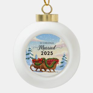1st Christmas Married 2025 Cute Snowy Sleigh New Ceramic Ball Christmas Ornament