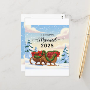 1st Christmas Married 2025 Cute Snowy Sleigh New Postcard
