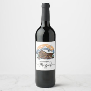 1st Christmas Married 2025 Rustic Cabin Ornament  Wine Label