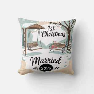 1st Christmas Married 2025 Rustic Winter Scene Cushion
