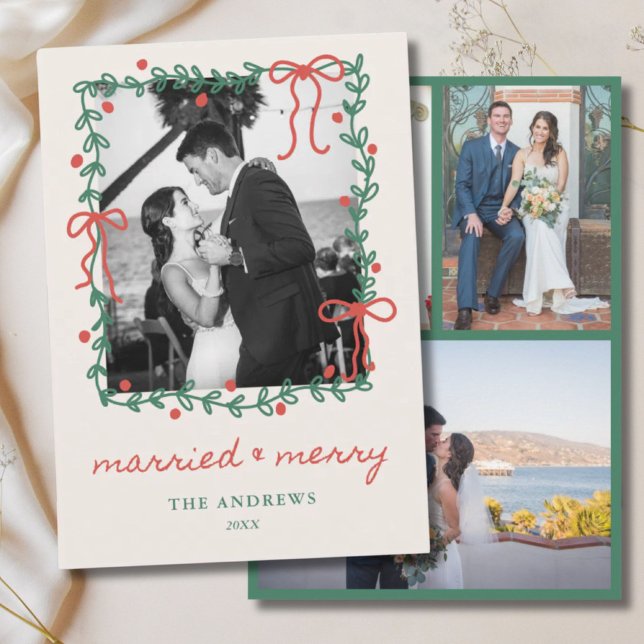 1st Christmas Married 4 Photo Wedding Red Bow Holiday Card (1st Christmas Married 4 Photo Wedding Red Bow Holiday Card
)