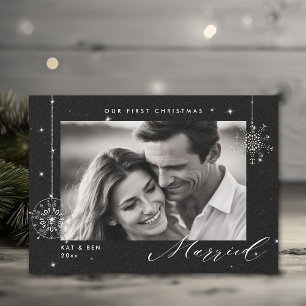 1st Christmas Married Black Sparkles Modern Photo Holiday Card