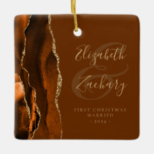 1st Christmas Married Burnt Orange Agate Brown Ceramic Ornament