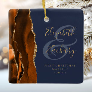 1st Christmas Married Burnt Orange Agate Navy Blue Ceramic Ornament