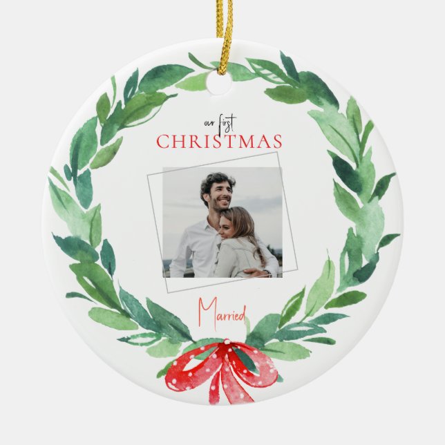 1st Christmas Married Couple Photo  Ceramic Ornament (Front)
