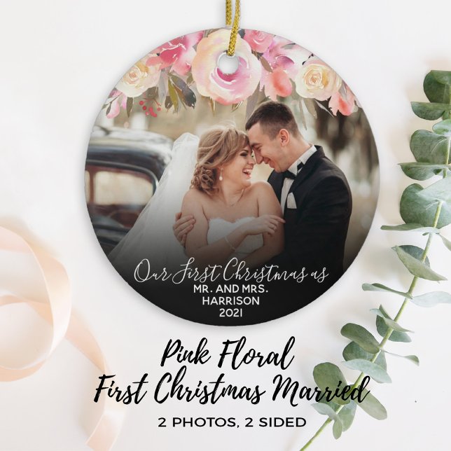 1st Christmas Married Mr & Mrs Photo Pink Floral Ceramic Ornament (Creator Uploaded)