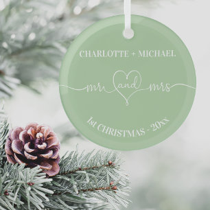 1st Christmas married names heart sage green Glass Tree Decoration