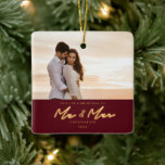 1st Christmas Married Neon Lettering Photo Ceramic Ceramic Ornament<br><div class="desc">1st Christmas as Mr. & Mrs.,  golden neon lettering,  photo holiday ceramic ornament keepsake. Coordinating neon star pattern backing.</div>