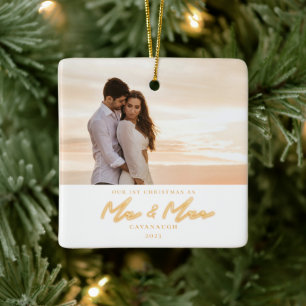 1st Christmas Married Neon Lettering Photo Ceramic Ornament