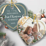 1st Christmas Married Newlyweds Custom Photo Ceramic Ornament<br><div class="desc">Celebrate your first Christmas as Mr. and Mrs. with a personalised keepsake to treasure forever! This customisable golden heart frame adorned with holly, pine, and a festive ribbon—perfect for celebrating love this holiday season. Easily place your own memorable photo in place of the template photo as well as the name...</div>
