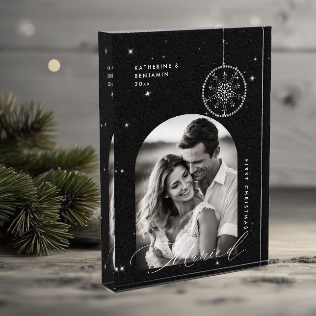 1st Christmas Married Snowflakes Black Photo Gift Block (christmas gift first married couple white boho glitter sparkle modern minimalist snowflake winter)