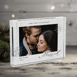1st Christmas Married White Sparkles Modern Gift Photo Block