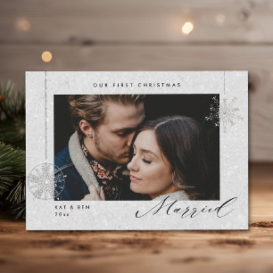 1st Christmas Married White Sparkles Modern Photo Holiday Card