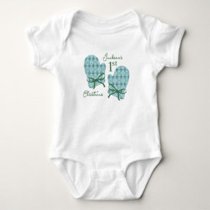 1st Christmas Mittens Green Bow Royal Botanical Baby Bodysuit