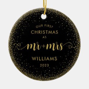 1st Christmas Mr and Mrs Gold Glitter Wreath Photo Ceramic Ornament