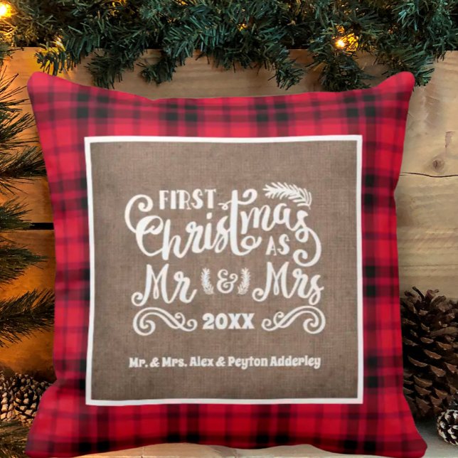 1st Christmas Mr. Mrs. Photo Burlap Buffalo Plaid Cushion (Creator Uploaded)