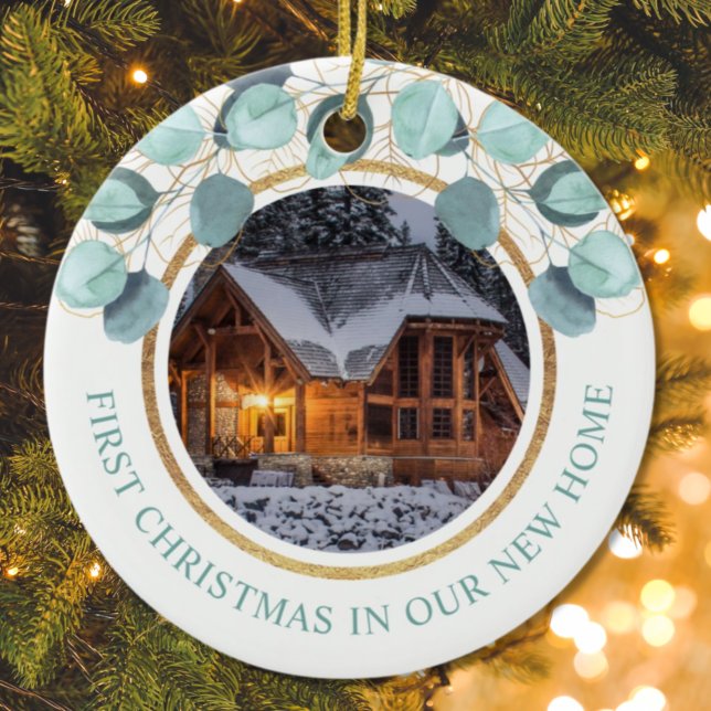 1st Christmas New Home Eucalyptus 2 Photo Ceramic Ornament (Creator Uploaded)
