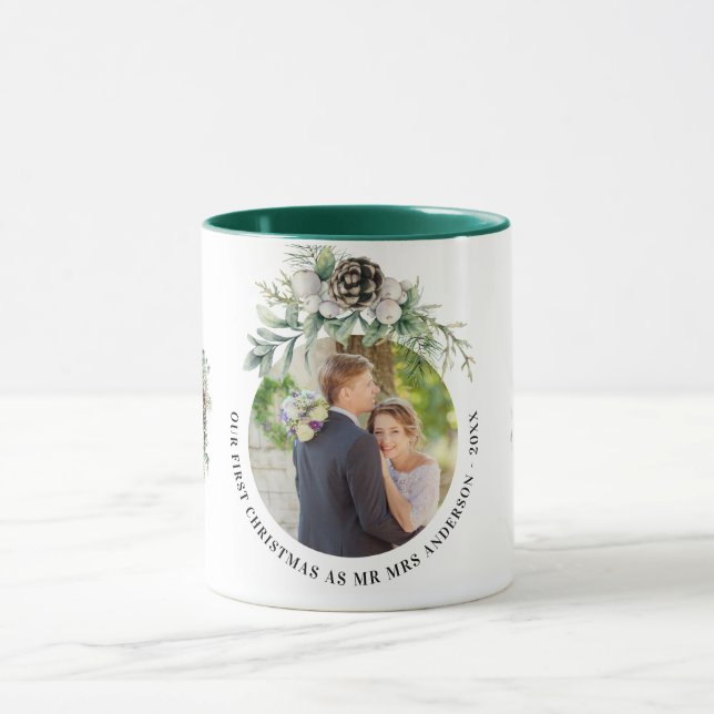 1st christmas newly weds photo cone greenery mug (Center)