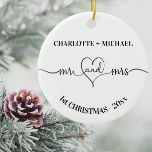 1st Christmas newlyweds names heart white Ceramic Ornament
