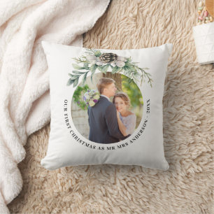 1st christmas newlyweds photo white green cushion