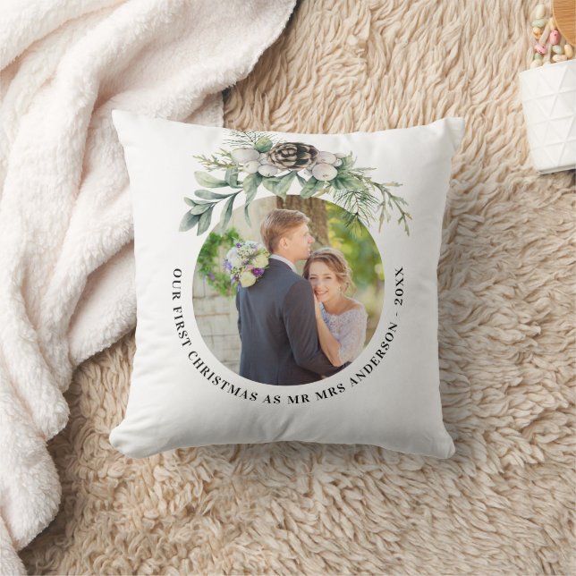 1st christmas newlyweds photo white green cushion (Blanket)