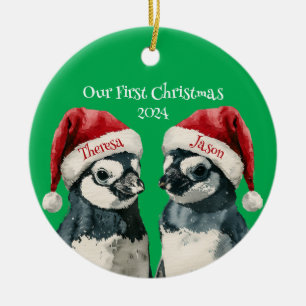 1st Christmas Personalized Penguins Santa Hats Ceramic Ornament