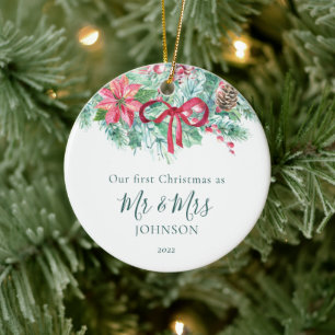 1st Christmas Photo Newlywed Berries & Greenery  Ceramic Ornament