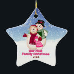 1st Christmas pink Frosty Snowman Family Ceramic Ornament<br><div class="desc">Frosty the Snowman with Mrs Frosty and baby girl Frosty with snowflakes background. They are dressed for winter in scarf,  hat and mittens. Unique ornament has date area ready for you to customise.</div>