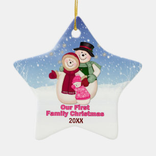 1st Christmas pink Frosty Snowman Family Ceramic Ornament