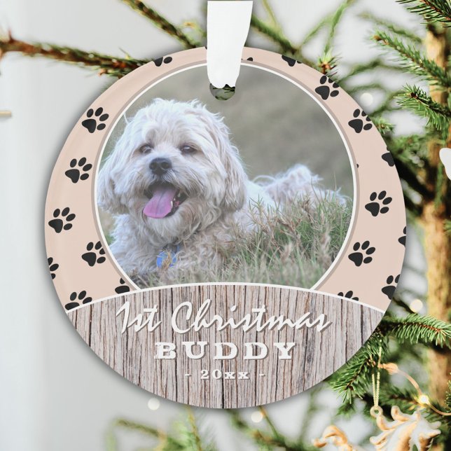 1st Christmas Rustic Puppy Photo Paw Pattern Ornament (Creator Uploaded)