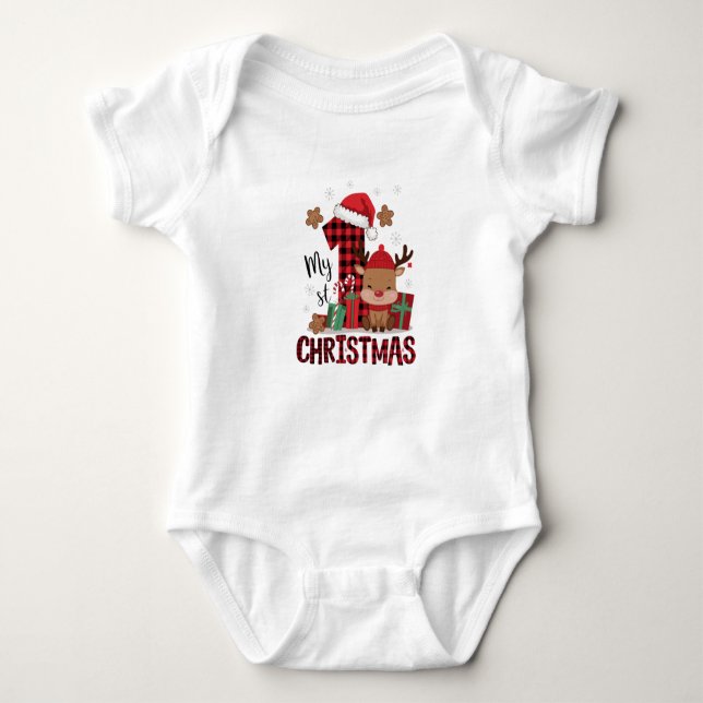 1st Christmas Santa Hat White Snow Baby Reindeer Bodysuit (Front)