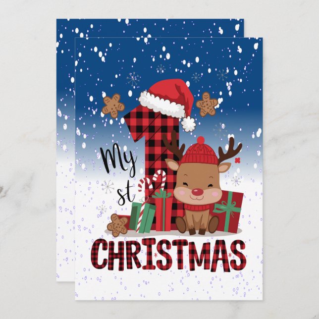 1st Christmas Santa Hat White Snow Baby Reindeer Holiday Card (Front/Back)
