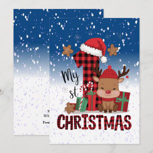1st Christmas Santa Hat White Snow Baby Reindeer Holiday Card