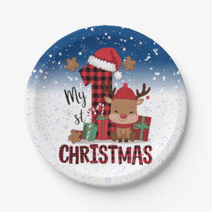 1st Christmas Santa Hat White Snow Baby Reindeer Paper Plate