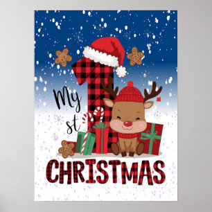 1st Christmas Santa Hat White Snow Baby Reindeer Poster
