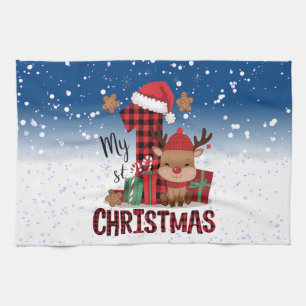 1st Christmas Santa Hat White Snow Baby Reindeer Tea Towel