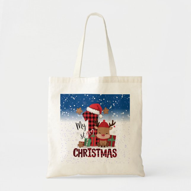 1st Christmas Santa Hat White Snow Baby Reindeer Tote Bag (Front)