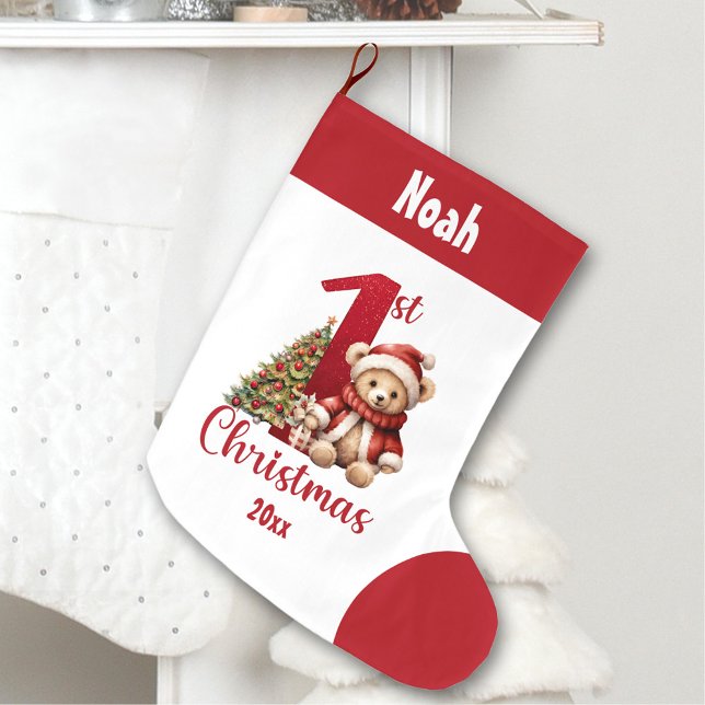 1st Christmas Teddy Bear Baby Boy Red Name Large Christmas Stocking (1st Christmas Teddy Bear Baby Boy Red Name Large Christmas Stocking)