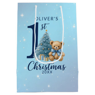 1st Christmas Teddy Bear with Blue Tree Medium Gift Bag