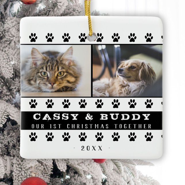 1st Christmas Together Cat Dog Paw 2 Photo Ceramic Ornament (Creator Uploaded)