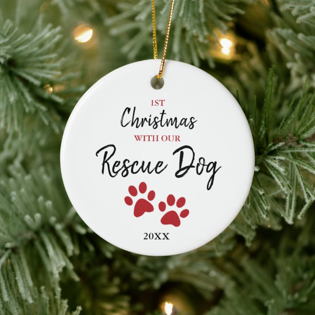 1st Christmas With Our Rescue Dog Personalised Ceramic Ornament (Tree)